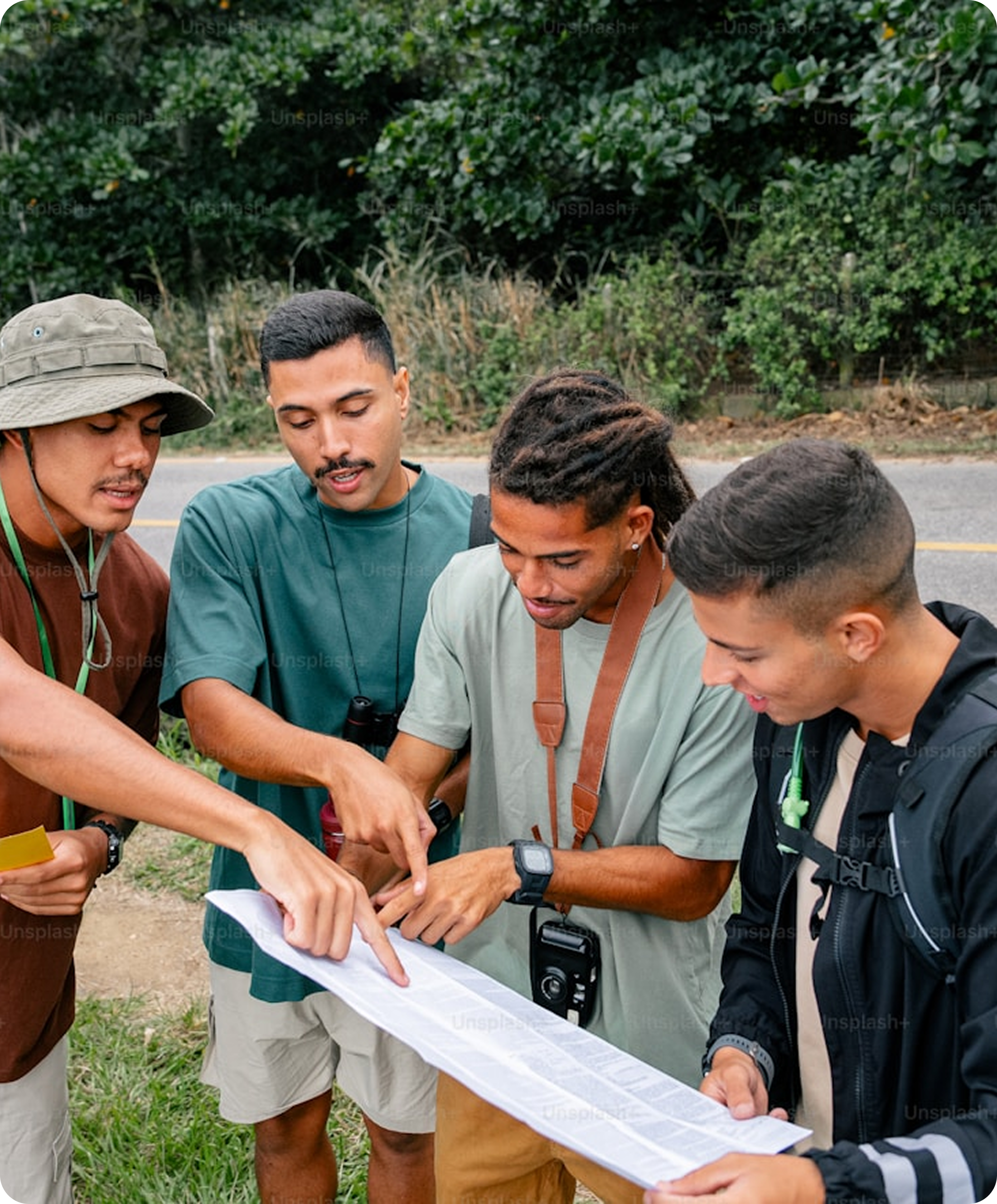 Team planning a trip with a map